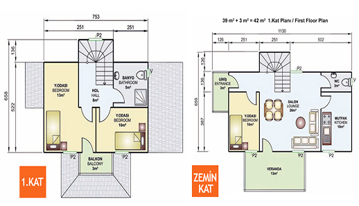 114 metrekare iki katlı prefabrik ev planı