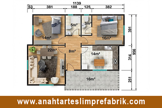 101 metrekare prefabrik ev planı