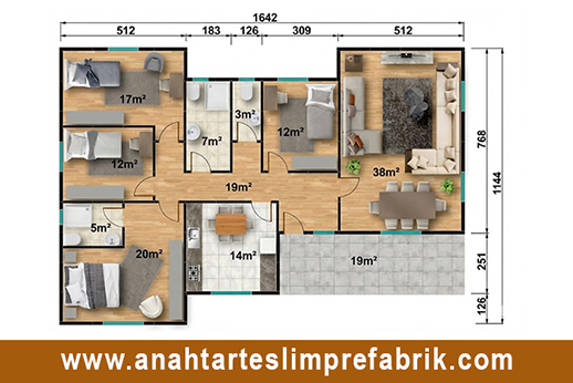 166 metrekare prefabrik ev planı