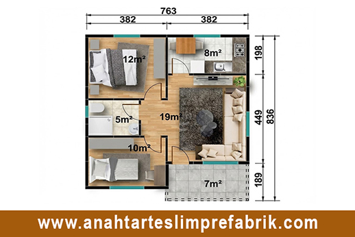 61 metrekare prefabrik ev planı