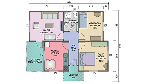 72 metrekare prefabrik ev planı