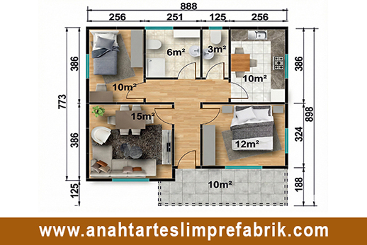 74 metrekare prefabrik ev planı